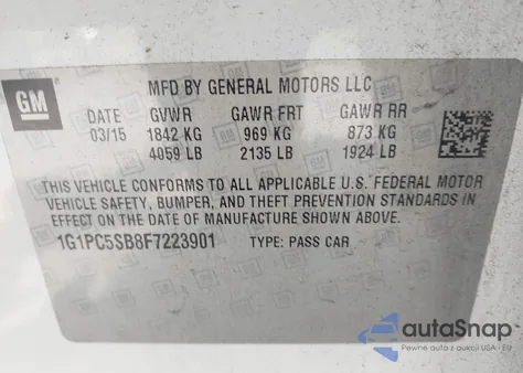 2015 Chevrolet Cruze 1Lt Auto z USA, uszkodzony, nr VIN 1G1PC5SB8F7223901